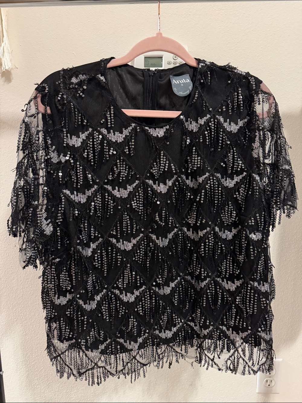 ARULA size A Black Beaded Fringe Blouse
